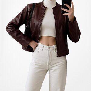 Vintage Y2K Burgundy Red Genuine Leather Motorcycle Biker Style Jacket Size S